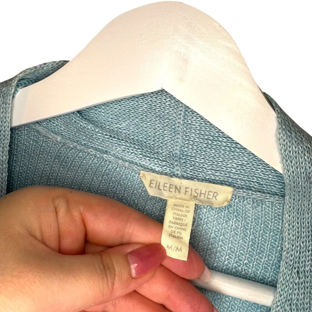 Eileen Fisher Linen Cardigan M Blue Open Front Handkerchief Hem Coastal Minimal